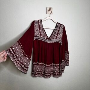 World Market Burgundy Geometric Bell Sleeve Babydoll Blouse L/XL